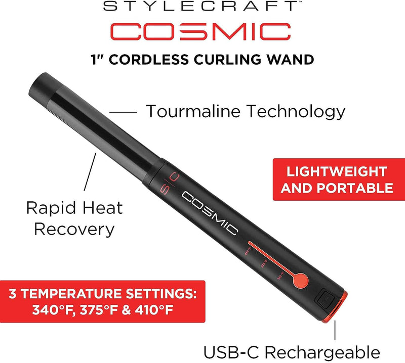 StyleCraft Cosmic 1" Cordless Curling Wand w/ USB-C Charging