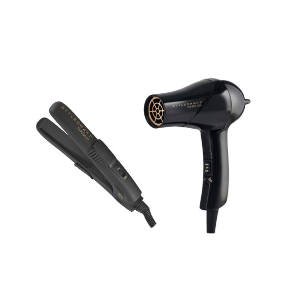 StyleCraft Peewee 1200 Black Foldable Compact Hair Dryer + Shmedium Palm-Size Travel Flat Iron w/ Full-Size Plates Value Set