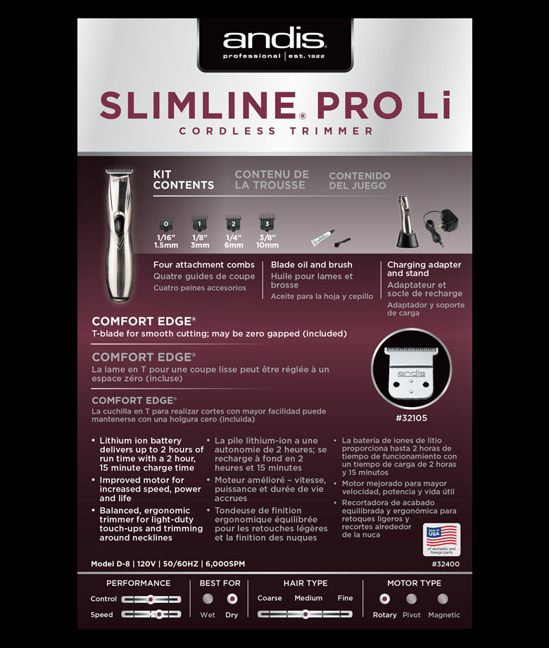 Andis Slimline Pro Li T-Blade Cordless Trimmer - Chrome (32400)