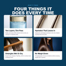 Morfose Moist Boost conditioner benefits infographic with liquid layers, hair strands, and a comb.
