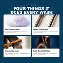 Morfose Moist Boost conditioner benefits graphic showing lather, hair strands, combing, and smooth hair.