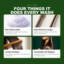 Morfose Pure Detox shampoo benefits graphic with lather, hair strands, a comb and a model.