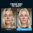 Hair mask before-and-after comparison showing dry and smoother blonde hair