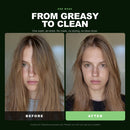 Morfose Pure Detox shampoo before-and-after comparison showing hair before and after washing.
