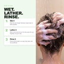 Morfose Pure Detox shampoo use demonstration, with shampoo lathered through wet hair.