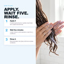 Hair mask application instructions with wet hair being treated by hand