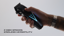 Wahl cordless clipper being held, black body with blue illuminated speed controls