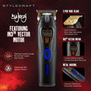 Cordless hair trimmer product display, black body with blue lights and gold blade