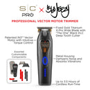 Cordless hair trimmer infographic, black body with blue lights and gold blade