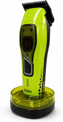 Neon green cordless hair clipper with side panel controls on charging base