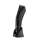 Black beard & body trimmer in charging dock, side view