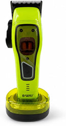 Neon green cordless hair clipper with charging base and black trimmer blades
