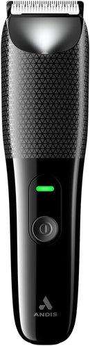 Black body and groin trimmer with silver comb head, power button, and indicator