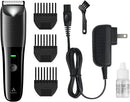 Black body trimmer with detachable guards, cord, power adapter, and small bottle