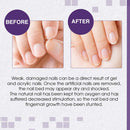 Moisturizing nail strengthener before-and-after panel showing weak and improved nails