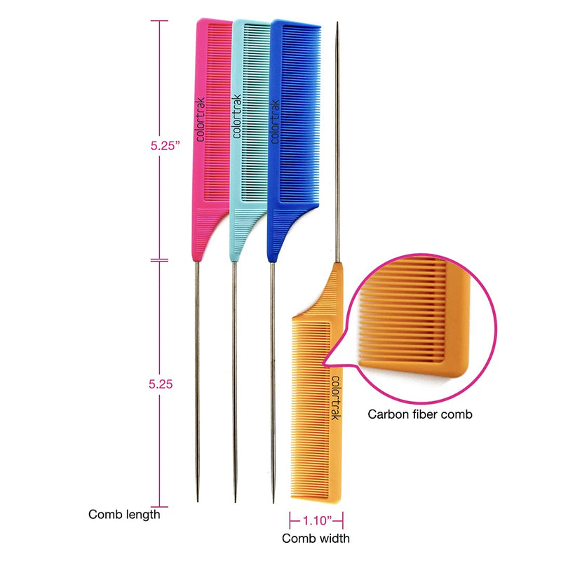 Colortrak Multicolor Carbon Fiber Stainless Steel Pin Comb Set - 4pk