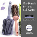 Large lavender paddle hair brush with retractable sectioning pick and cushioned base