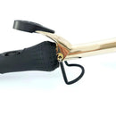 Curling iron with XL gold barrel, black handle, and curved safety grip.