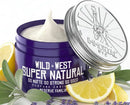 Open purple Wild West Super Natural pomade tin with silver lid and creamy balm inside