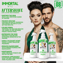 Aftershave bottles set with white spray and pump bottles, green label accents