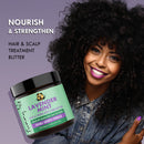 Lavender Mint hair butter jar with black lid, shown beside smiling woman