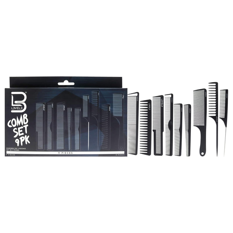 L3VEL3 9pc Barber & Hairstyling Carbon Comb Set