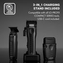 Three views of compact black clippers on a charging stand, compact charging setup