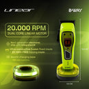 Neon green cordless hair clipper on round charging base with black blades