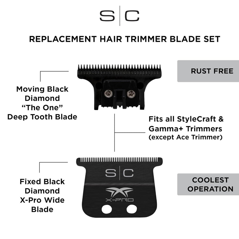 StyleCraft Black Diamond X-Pro Wide Fixed Blade &  Black DLC "The One Cutter Trimmer Replacement Blade Set (SC536B)