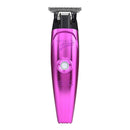 Pink electric hair trimmer with metal cutting comb and circular power button.