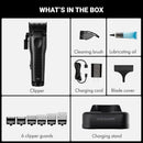 Clipper kit contents: clipper, charging cord, blade cover, guards, and charging stand