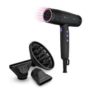Black hair dryer with diffuser and concentrator attachments, purple control buttons