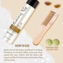 Angled hydrating shampoo bottle with black cap, Argan & Biotin label