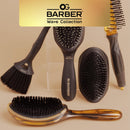 Wave brush set with black bristles, cushioned pad, and wooden ergonomic handles