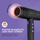 Black hair dryer with red infrared vent ring and purple button controls