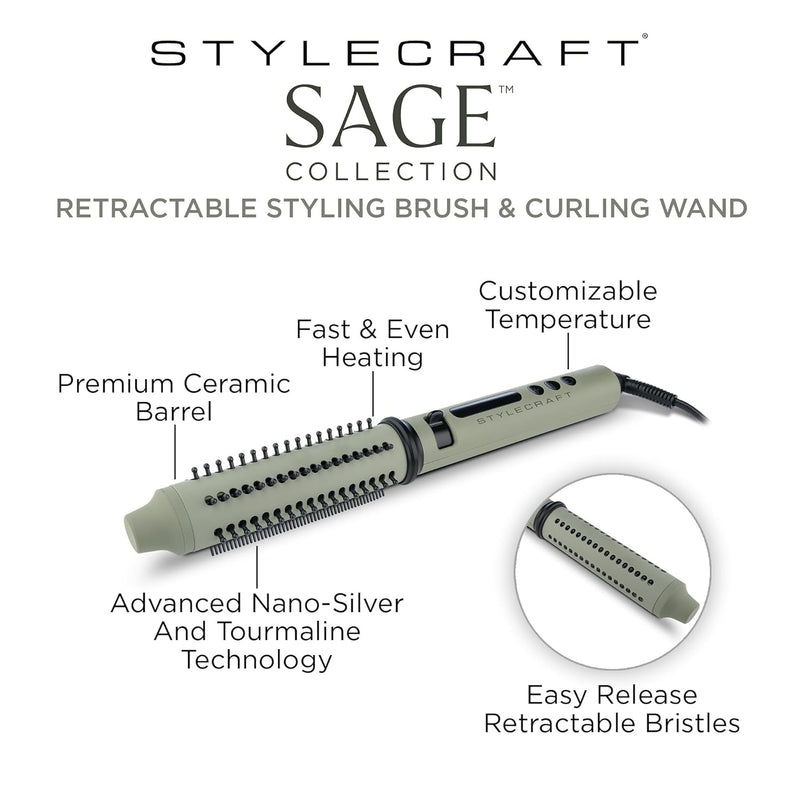 StyleCraft Sage Retractable Styling Brush & Curling Wand w/ Ceramic Barrel - 1.25" (SC716GR)