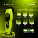 Neon green cordless hair clipper on charging base with multiple guard combs