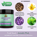 Lavender Mint hair butter jar with key ingredients icons: biotin, castor oil, lavender, mint