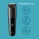 Black body trimmer with silver comb head and ergonomic grip