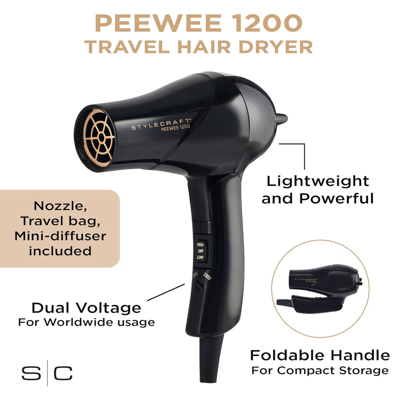 StyleCraft Peewee 1200 Foldable Compact Travel Hair Dryer