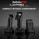 Set of matte black compact clippers on charging stands, front and side views