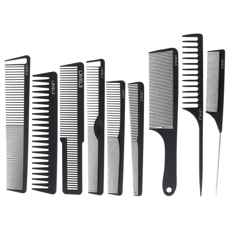 L3VEL3 9pc Barber & Hairstyling Carbon Comb Set