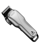 Cordless hair clipper, silver body with comb blade and black handle