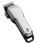 Cordless hair clipper, silver body with raised comb teeth and black base