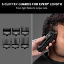 Black clipper with multiple guard combs displayed for different cutting lengths