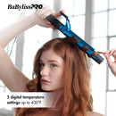BaBylissPRO blue curling iron in use on brown hair