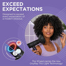 Black professional hair dryer with purple control buttons and concentrator nozzle