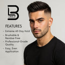 L3VEL3 Freeze Hair Spray can beside model with styled dark hair