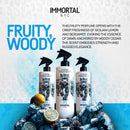 Three Immortal NYC eau de cologne spray bottles with black triggers, fruity woody scent