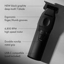 Graphite black hair trimmer with ergonomic grip and T-blade head